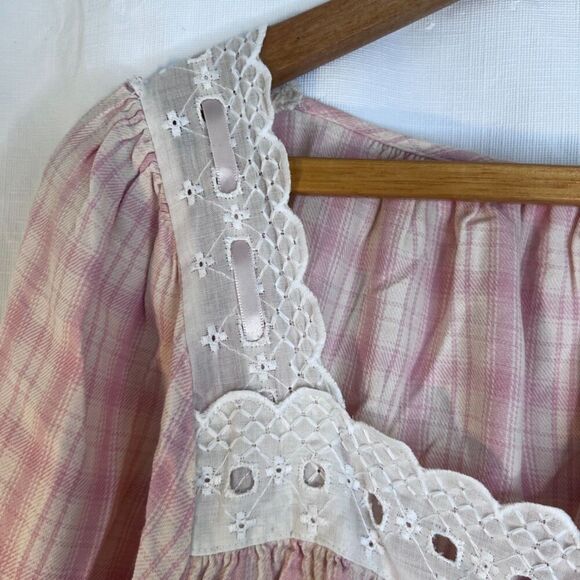 Erika Taylor Vintage Flannel Nightgown Pink Plaid Lace Bodice Long Cotton Sz MD - Picture 6 of 11